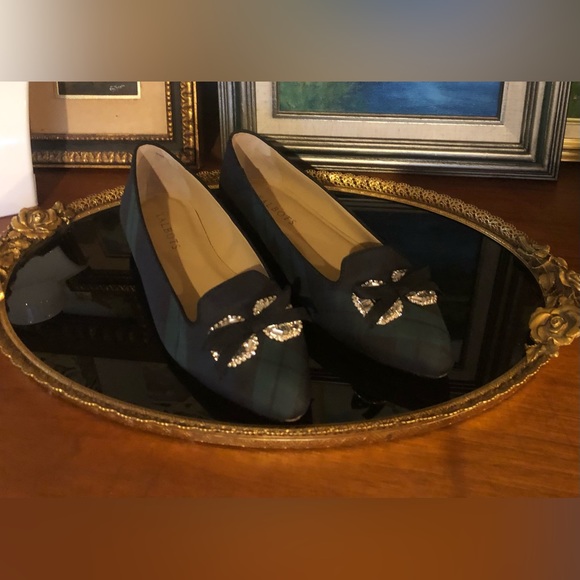 🎁 2 FOR $60 Talbots Blue & Green Plaid Pointed Toe Flats Rhinestone Bow - Picture 3 of 13